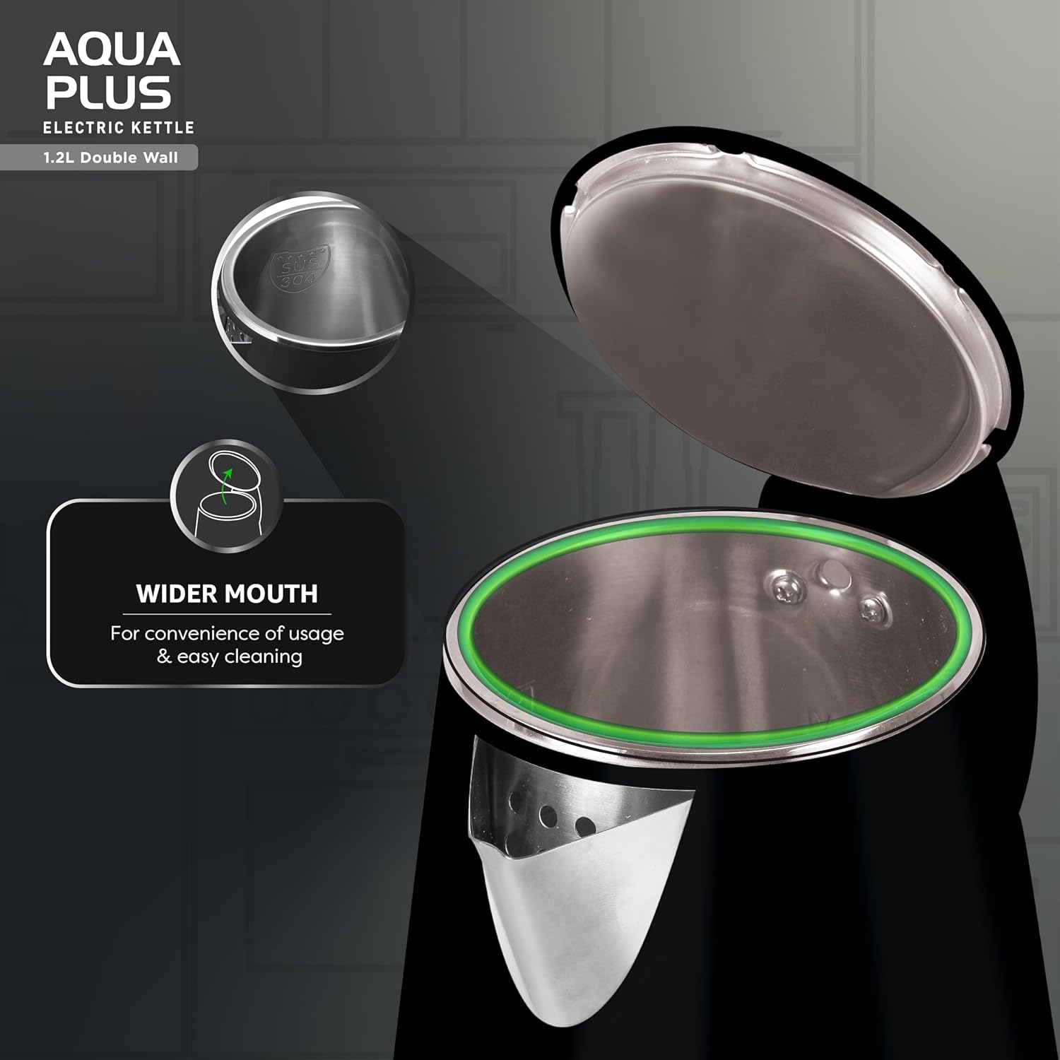 Havells Aqua Plus 1.2 litre Double Wall Kettle / 304 Stainless Steel Inner Body/Cool touch outer body/Wider mouth